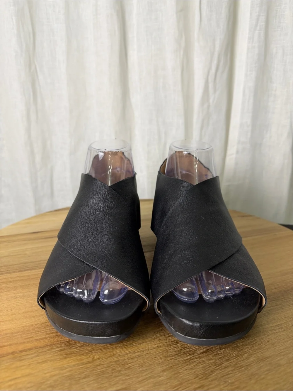 gentle souls Black Leather Open-Toe Wedge Sandals